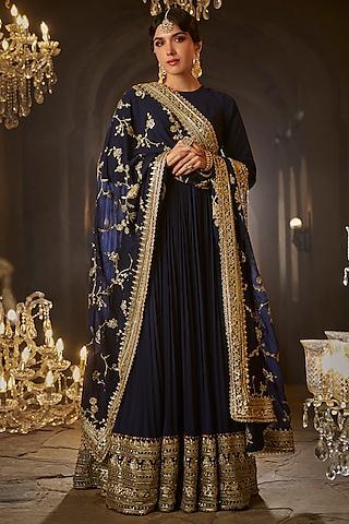 navy blue georgette zari embroidered anarkali set