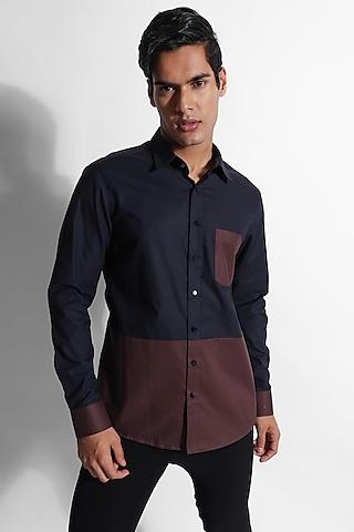 navy blue giza cotton color-blocked shirt