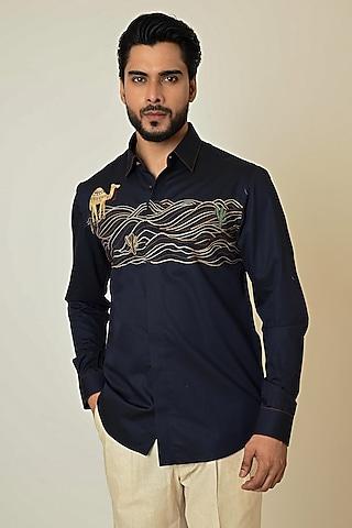 navy blue giza cotton thread embroidered shirt