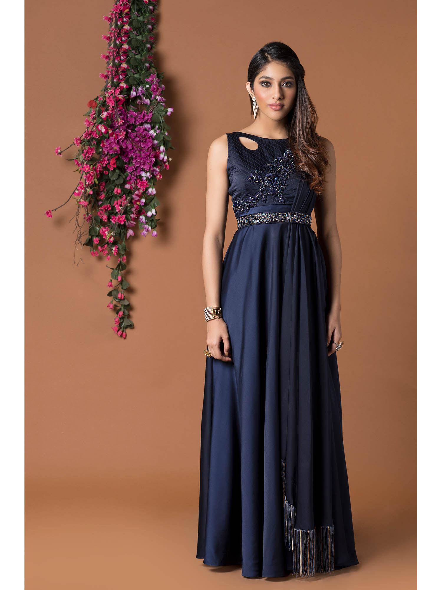 navy blue gown with attach drape and belt (set of 2)