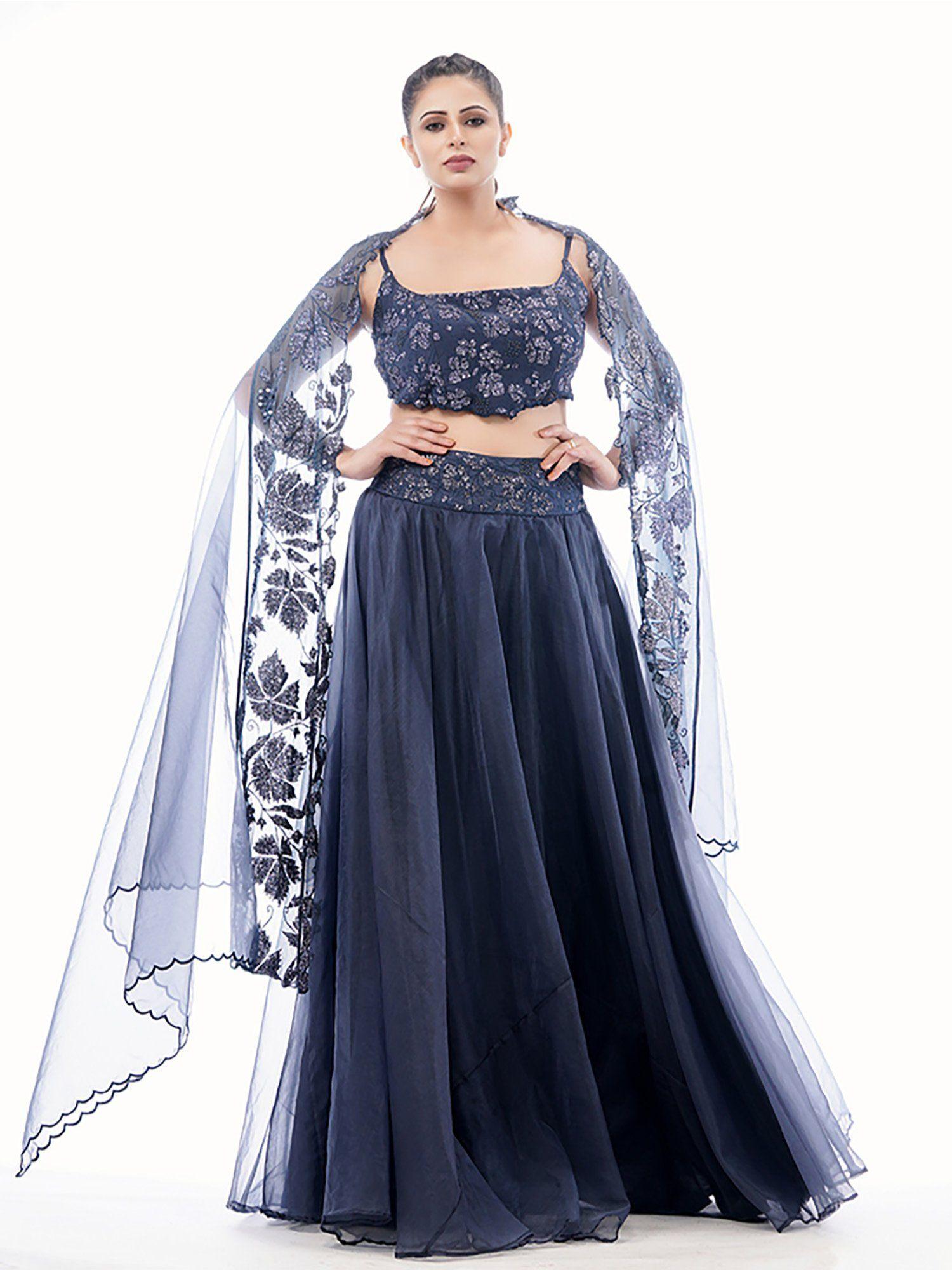 navy blue grapevine lehenga (set of 3)