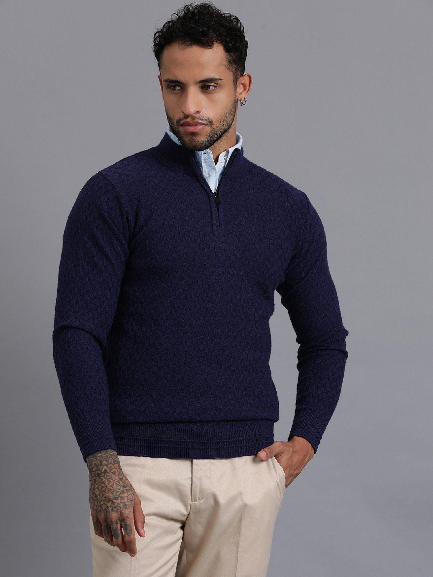 navy blue half zipper luxury cable knitted mens wool pullover sweater