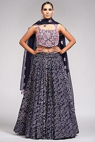 navy blue hand block printed lehenga set