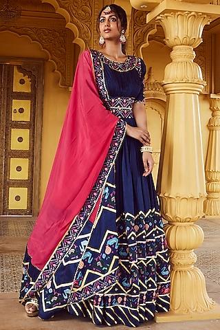 navy blue hand embroidered anarkali set