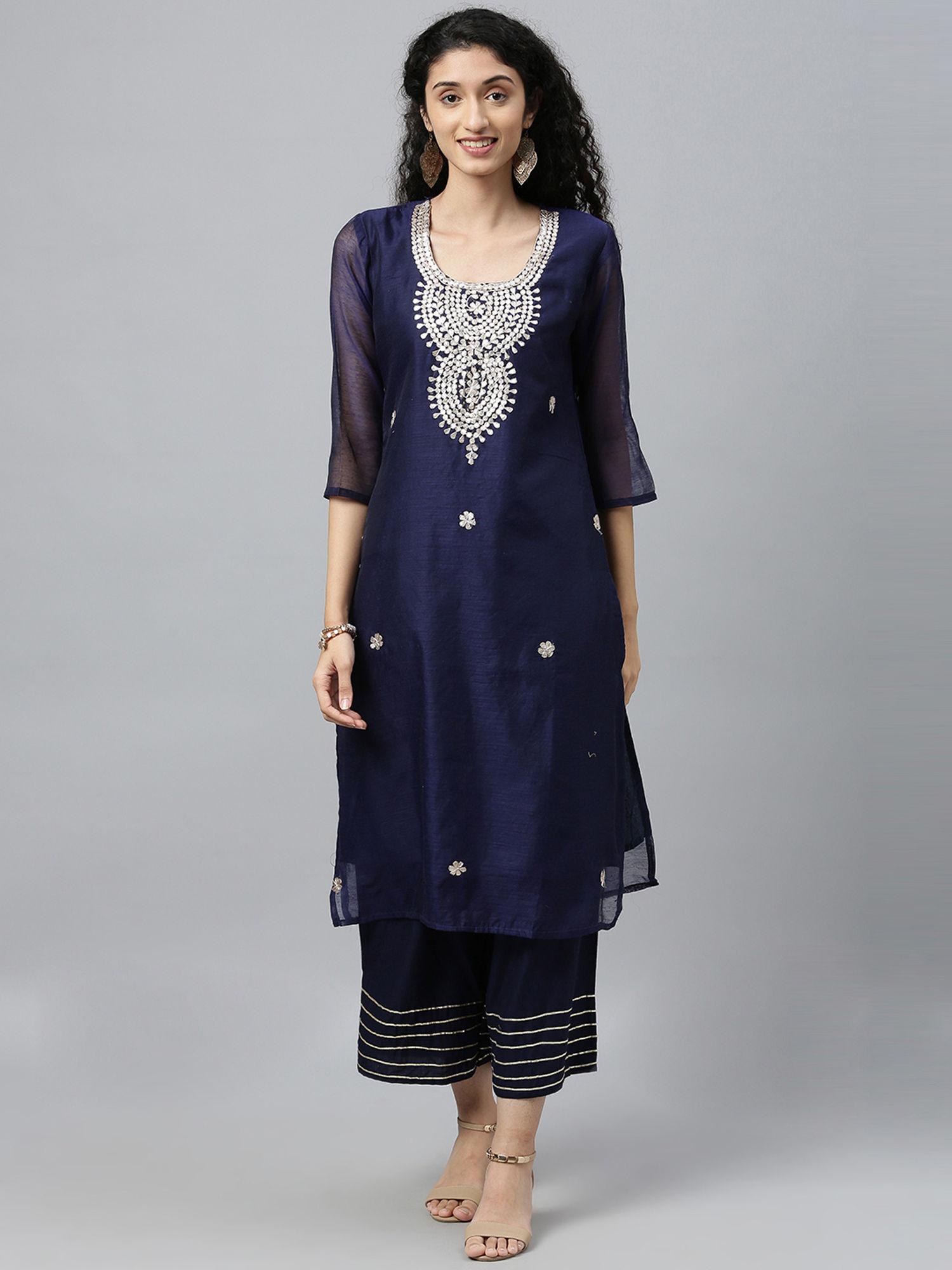 navy blue hand embroidered chanderi kurta with palazzo