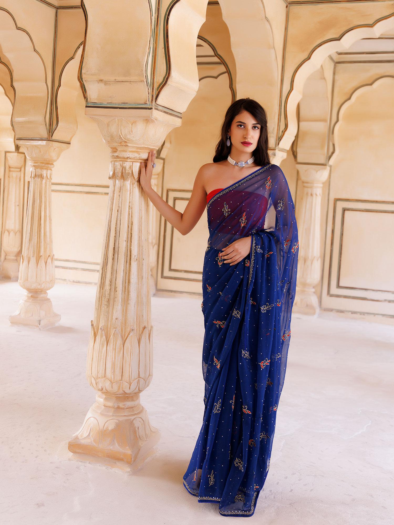 navy blue hand embroidered resham-tube chiffon saree