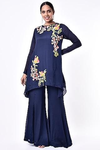 navy blue hand embroidered tunic set