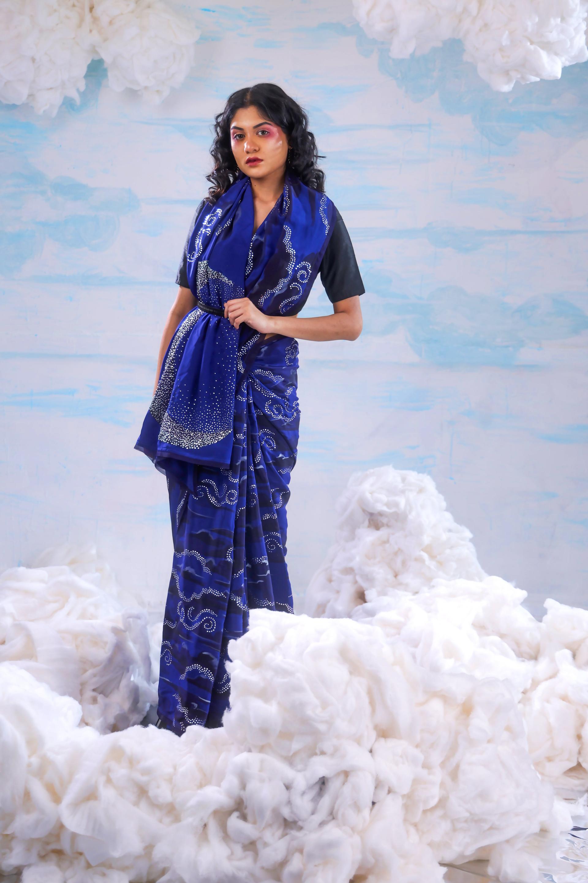 navy blue handcrafted crepe saree with badla embroidery