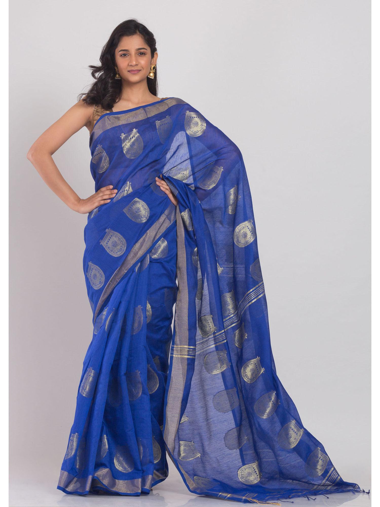 navy blue handloom blended cotton saree with unstitched blouse