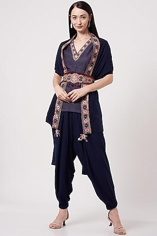 navy blue handloom silk cape set