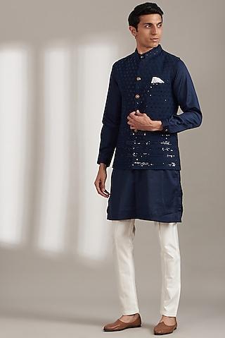 navy blue handloom silk embroidered bundi set for boys