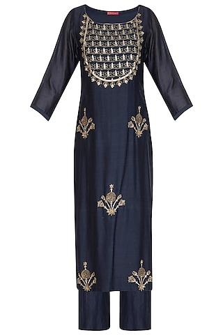 navy blue handwoven chanderi zari & pitta hand embroidered kurta set for girls
