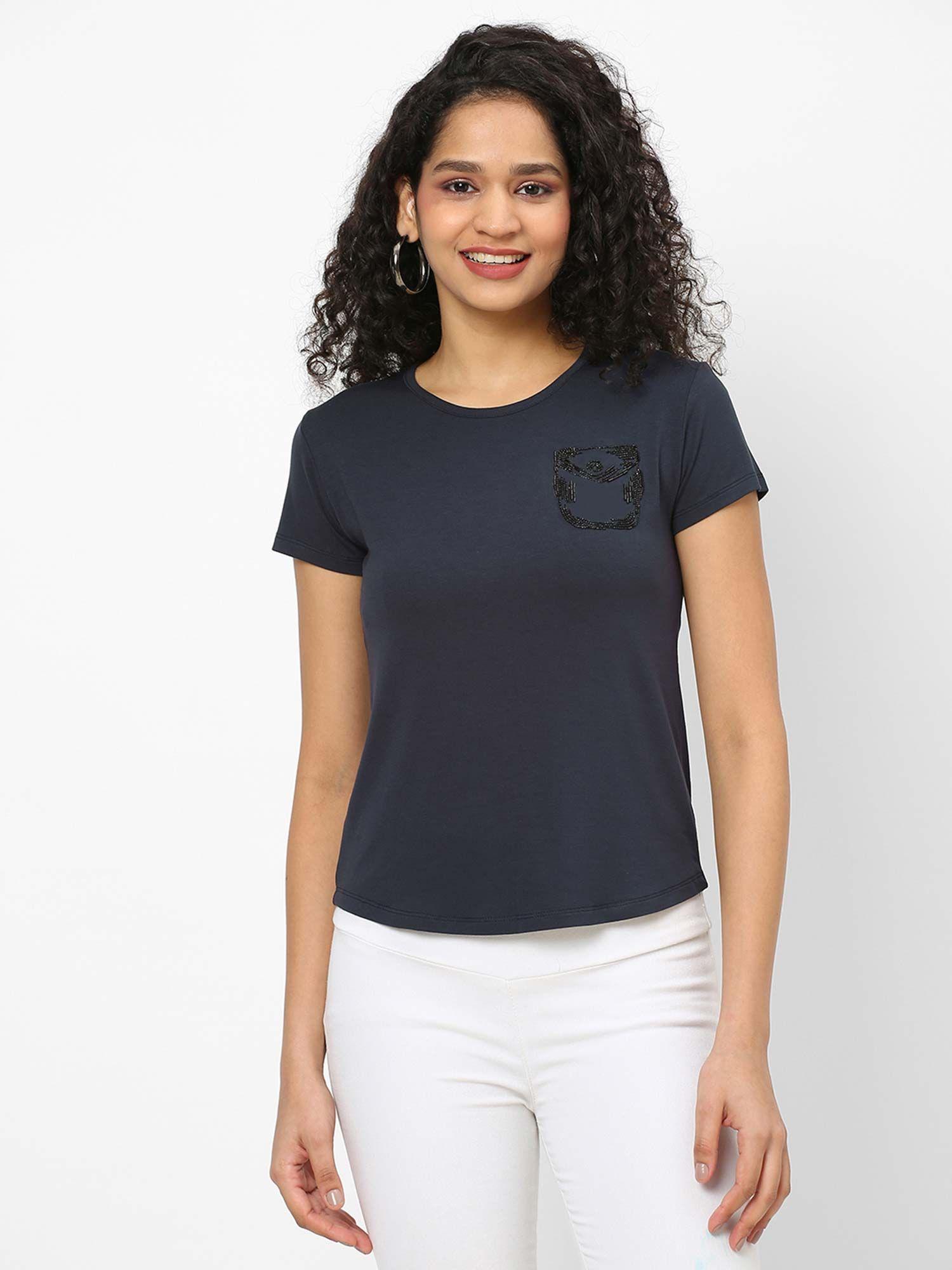 navy blue high low hem embellished t-shirt