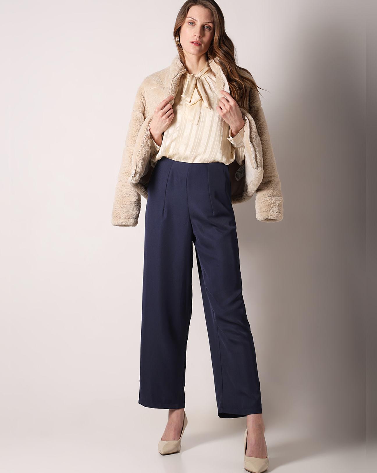 navy blue high rise straight fit pants