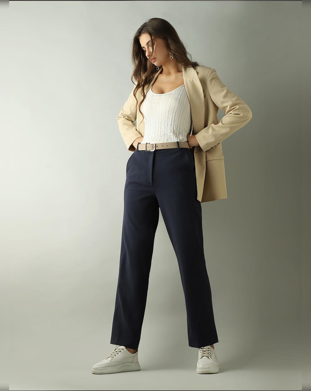 navy blue high rise straight fit pants