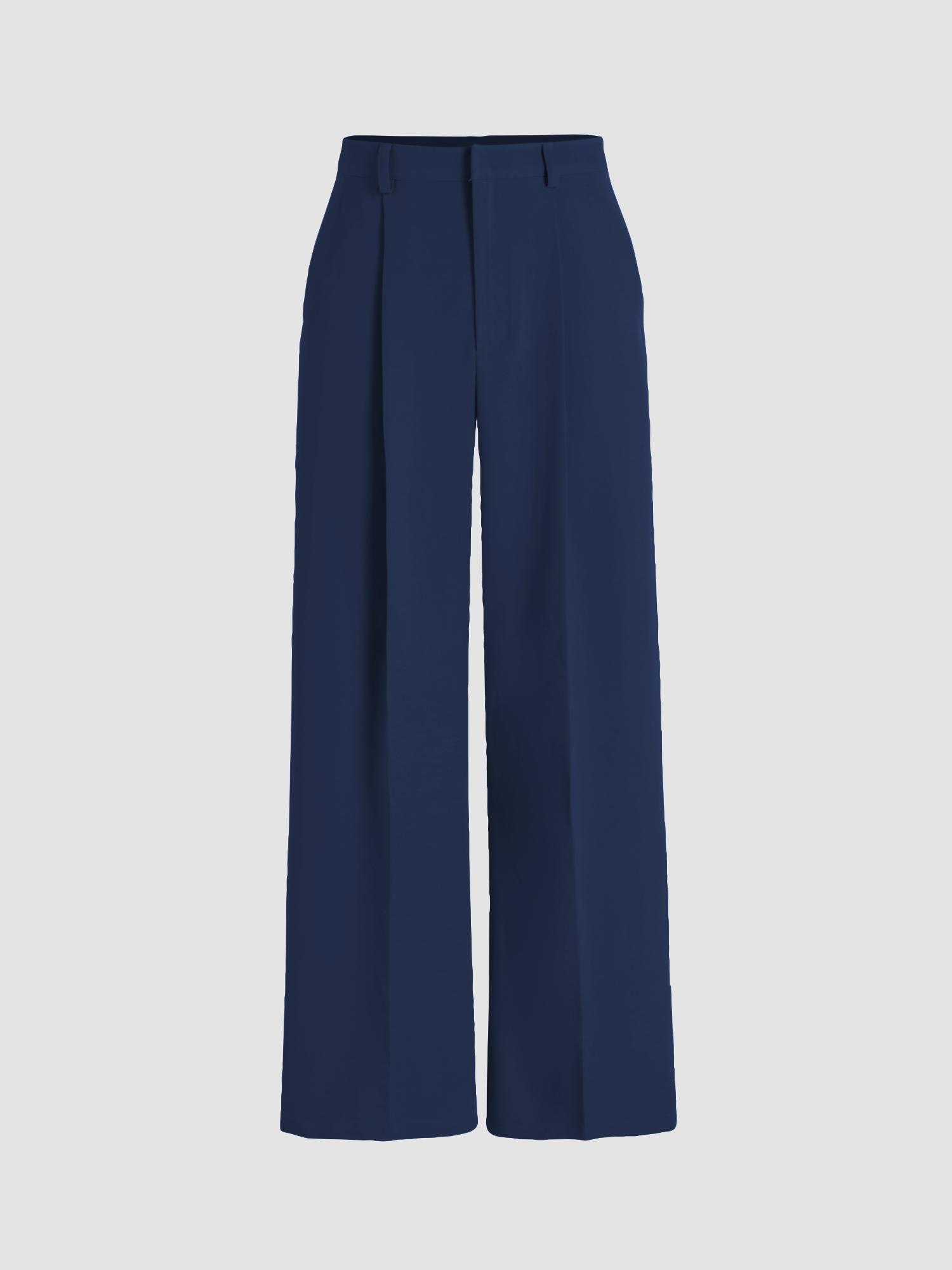 navy blue high waist pleated wide leg trouser