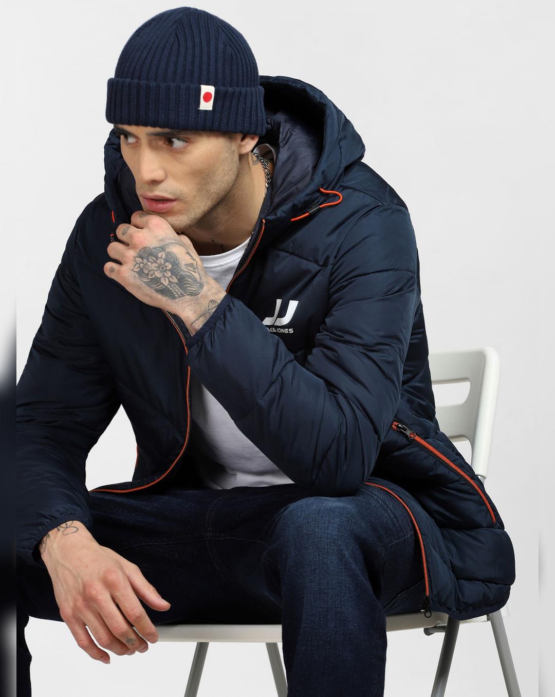 navy blue hooded puffer jacket