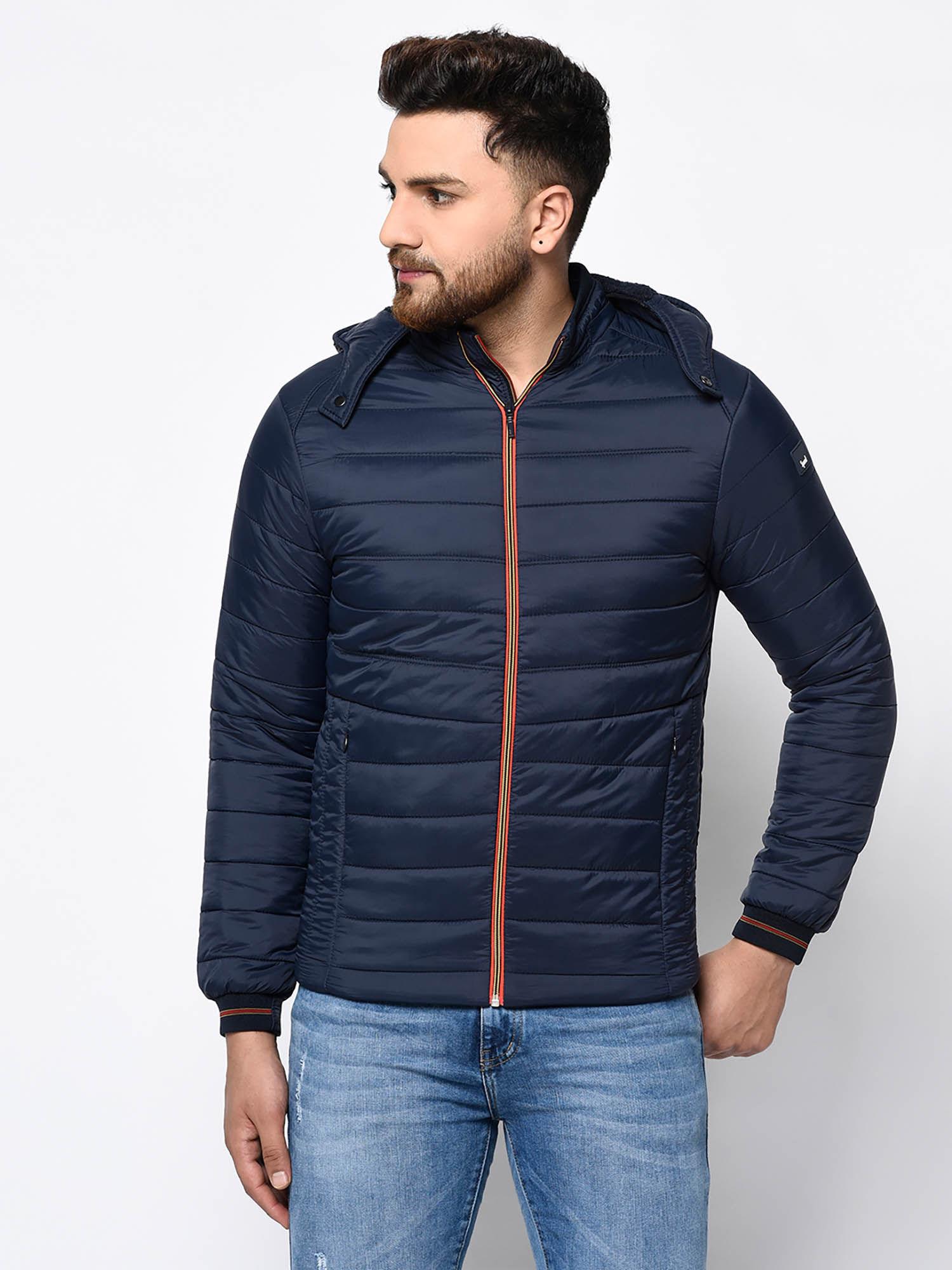 navy blue hooded solid windcheater bomber jacket