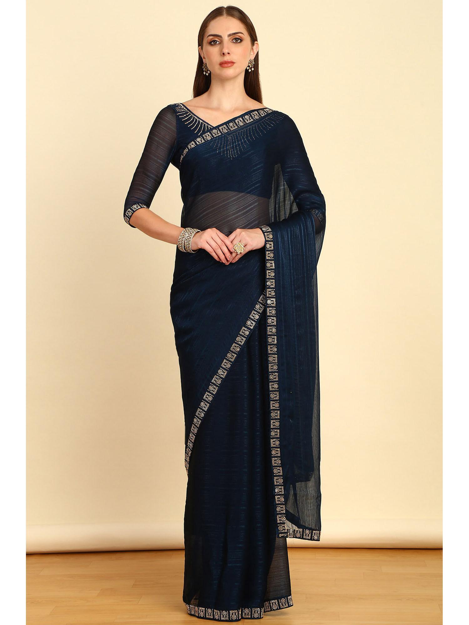 navy blue horizontal striped chiffon saree with stone embellishment with unstitched blouse