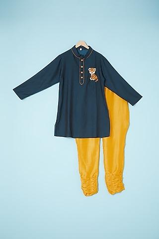 navy blue imported denim embroidered kurta set for boys