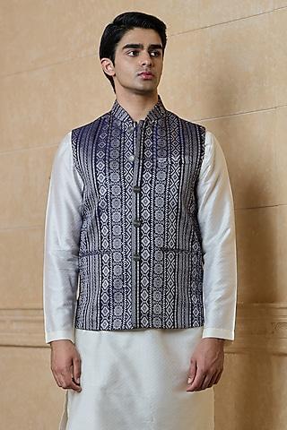 navy blue jacquard embroidered bundi jacket