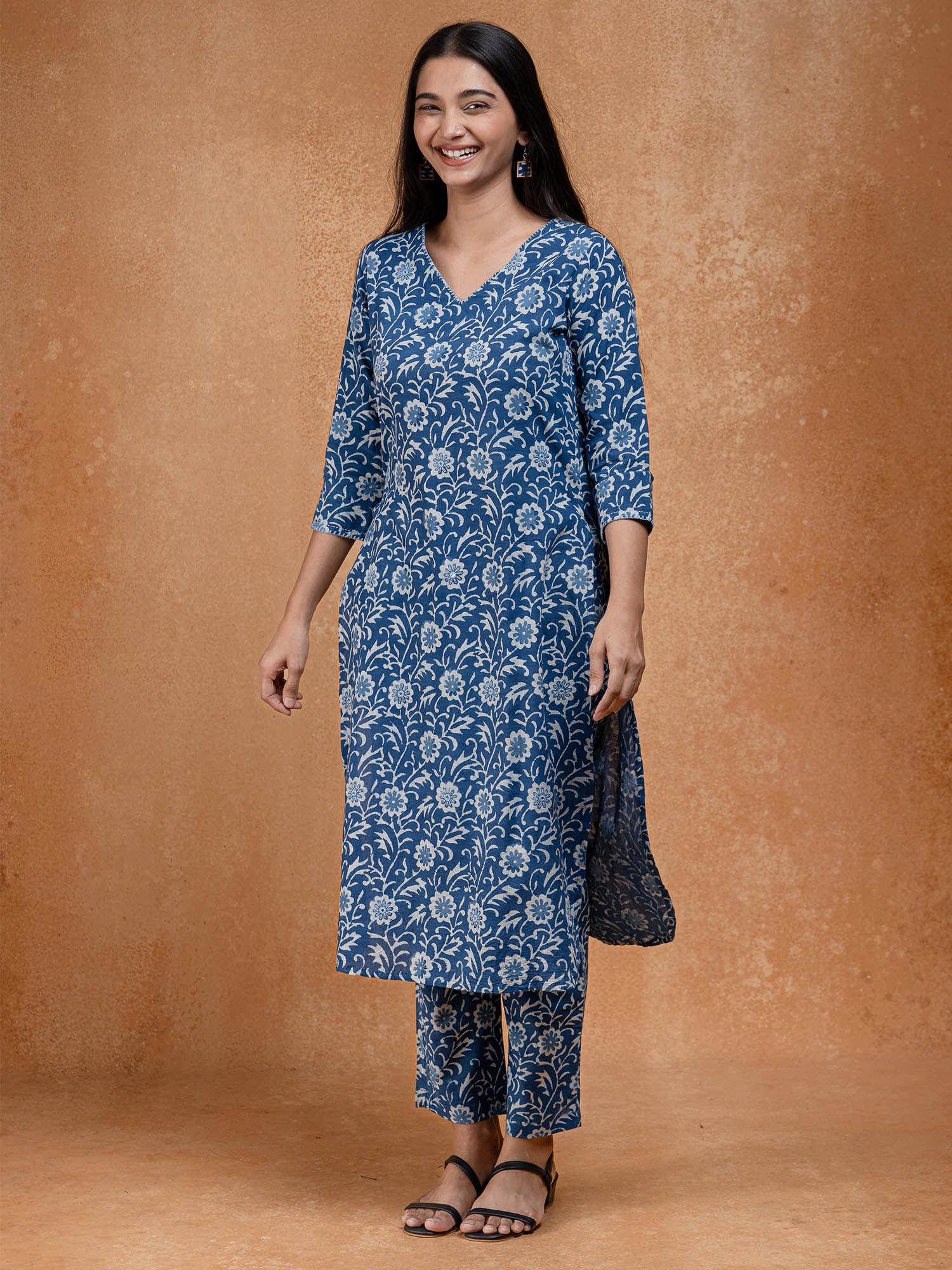 navy blue jay floral printed pure cotton kurta with pant (set of 2)