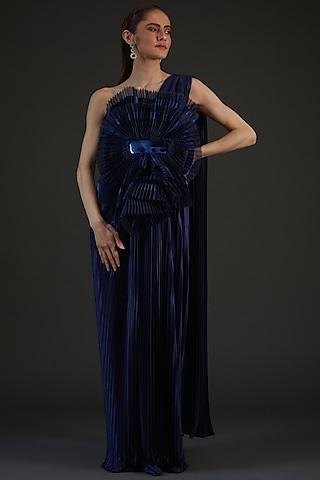 navy blue jersey & organza embroidered gown