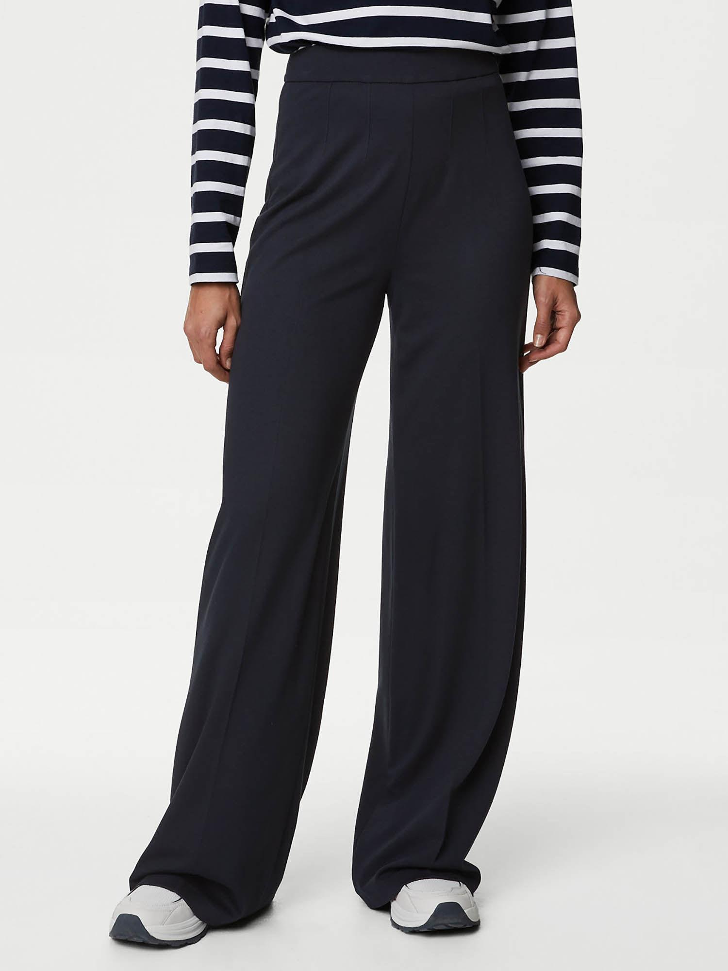 navy blue jersey wide leg trousers with stretch