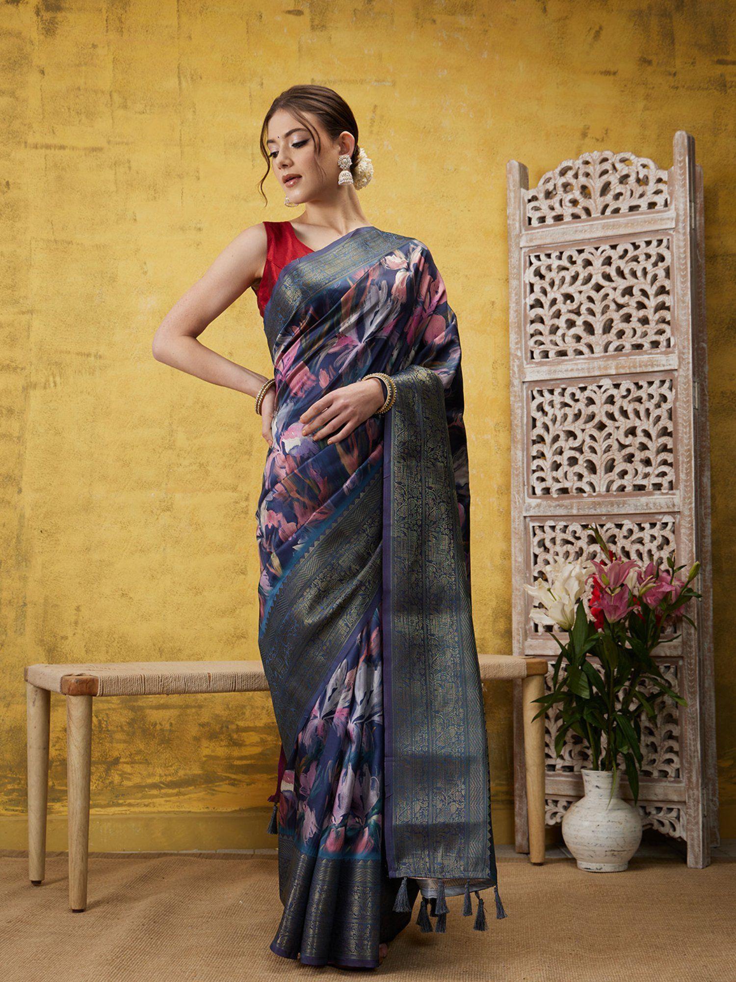 navy blue kanjeevaram soft silk floral printed saree with tassel and unstitched blouse