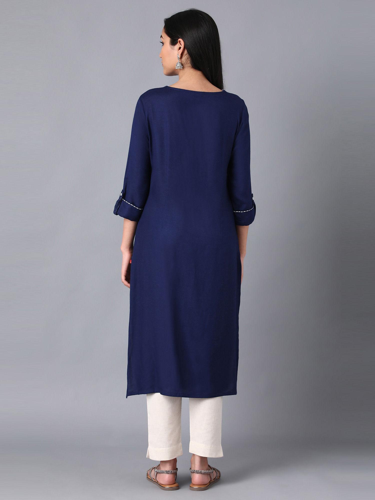 navy blue keyhole neck solid kurta