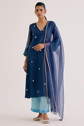 navy blue kota dori embroidered kurta set
