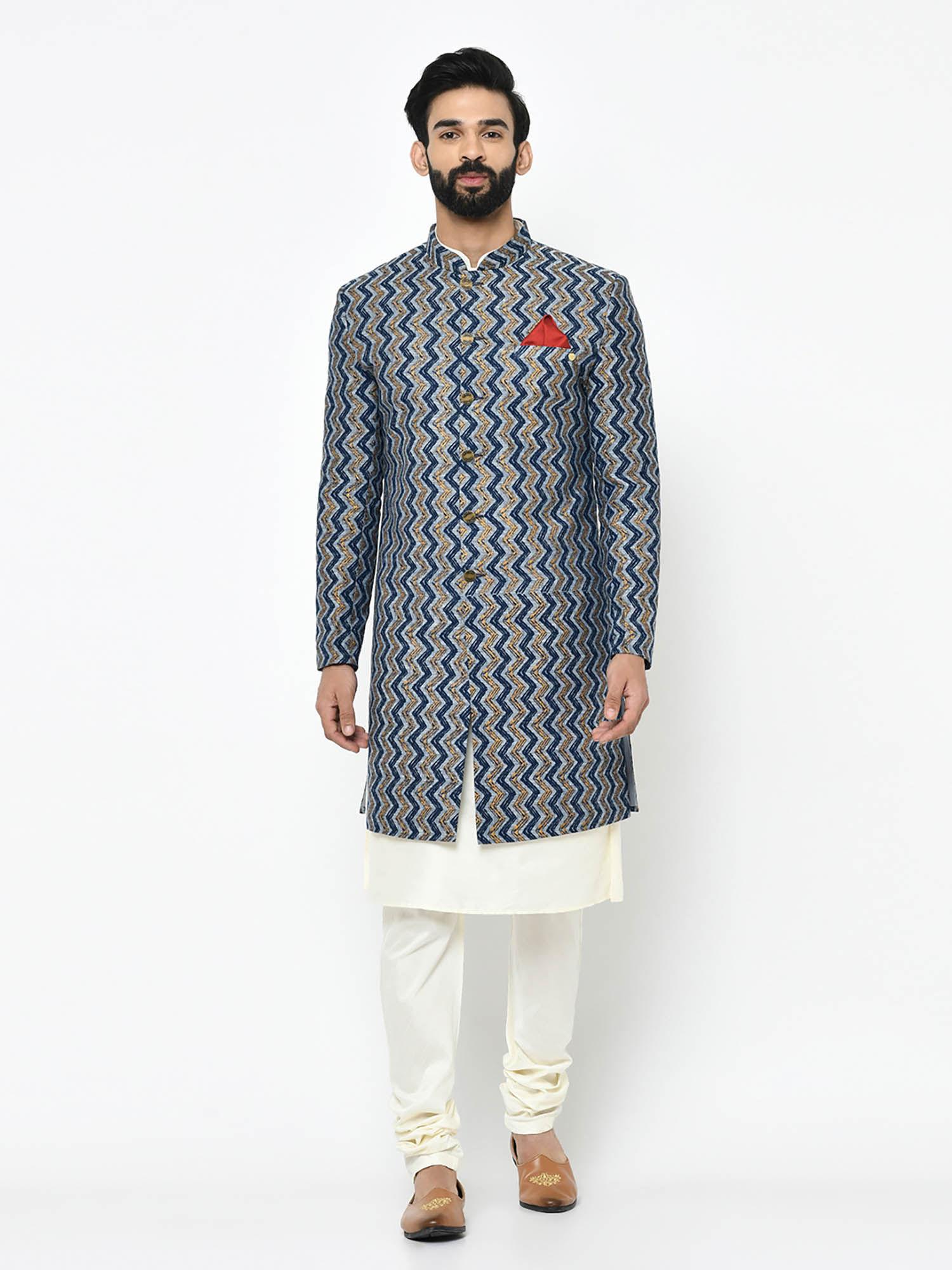 navy blue kurta & sherwani with churidar (set of 3)