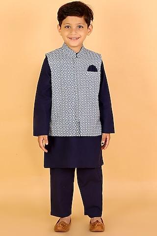 navy blue kurta set with bundi jacket for boys