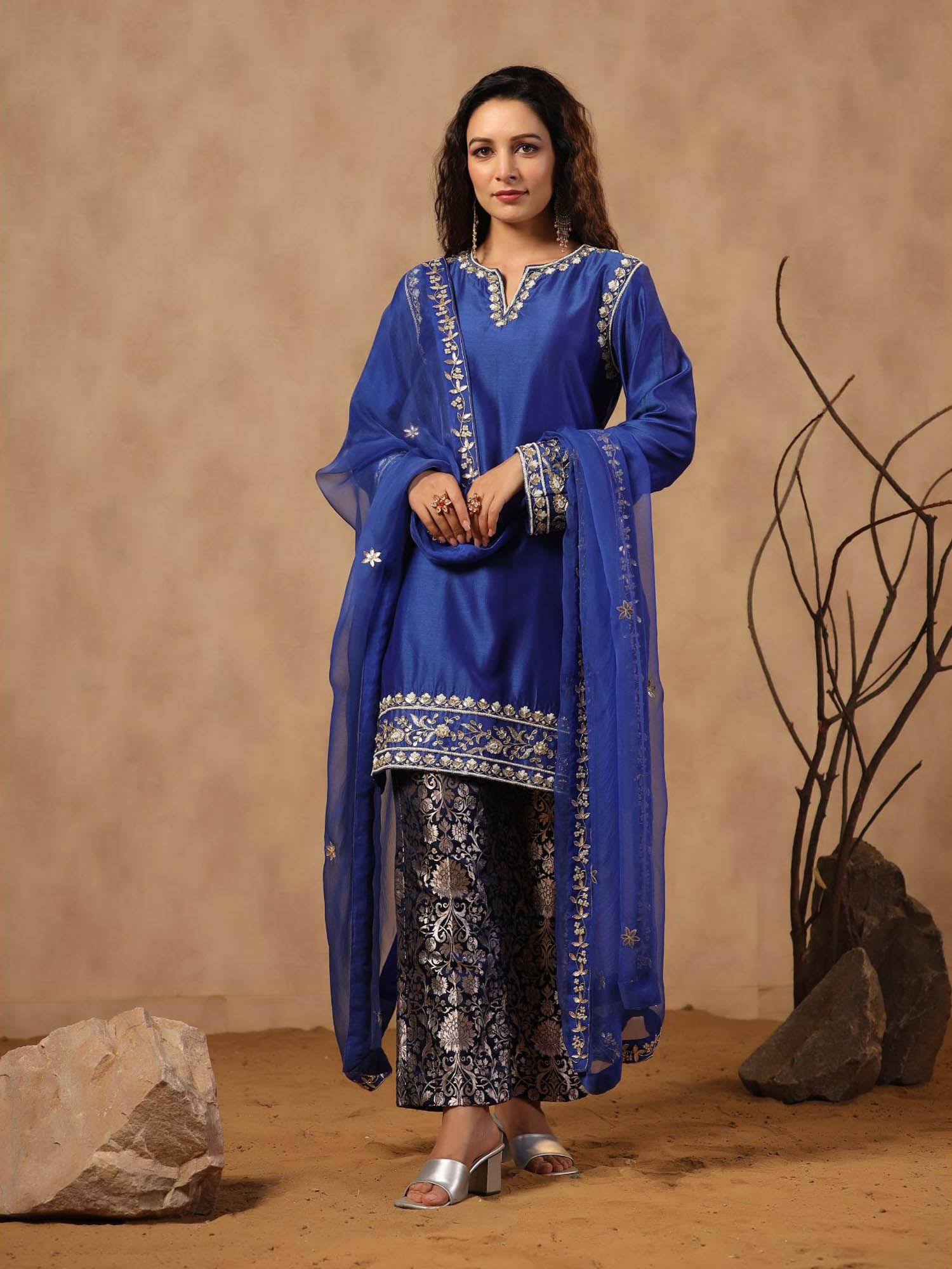 navy blue kurta with handwork paired with brocade pant and dupatta (set of 3)