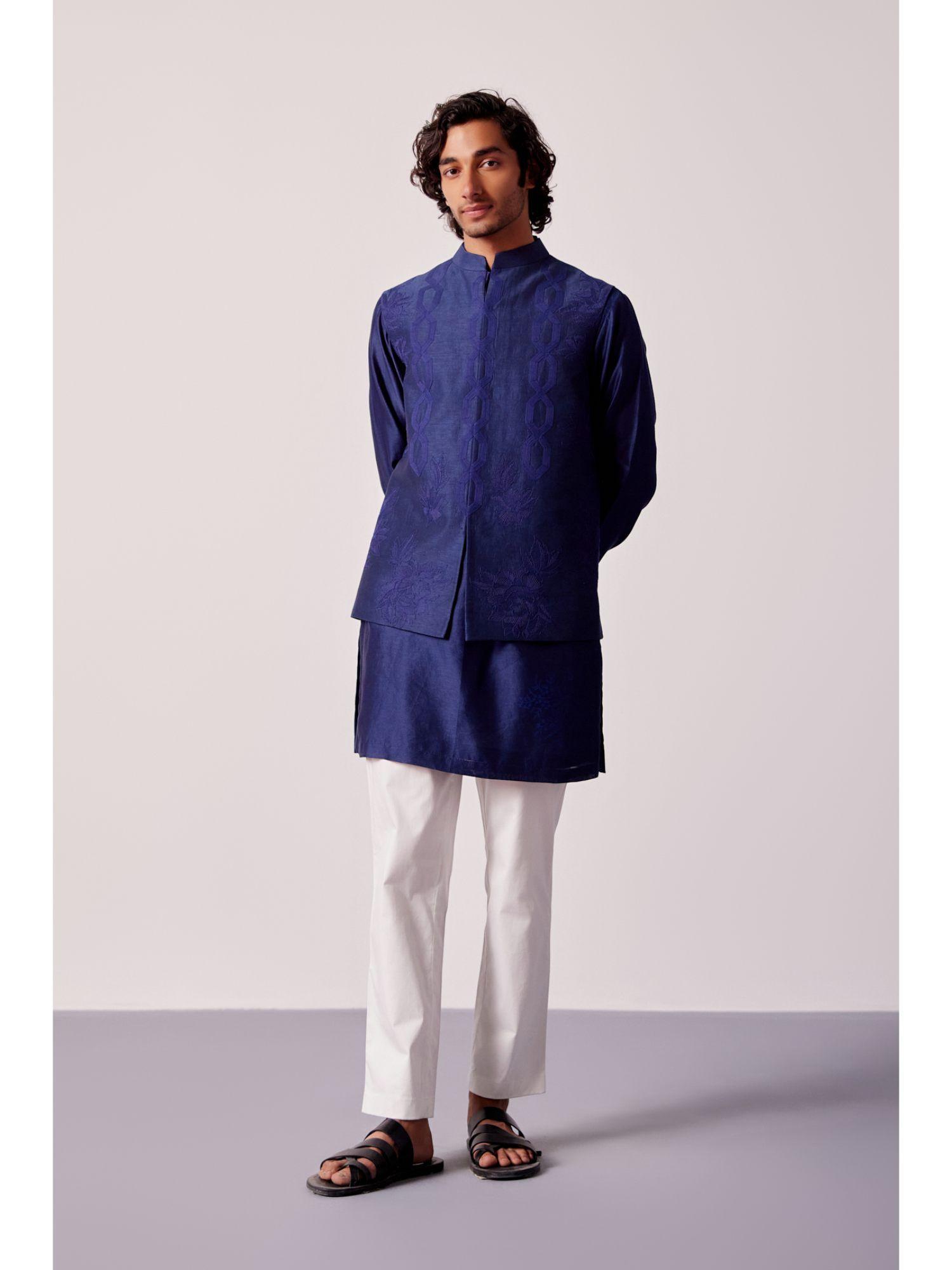 navy blue kurta with pant and bundi jacket (set of 3)