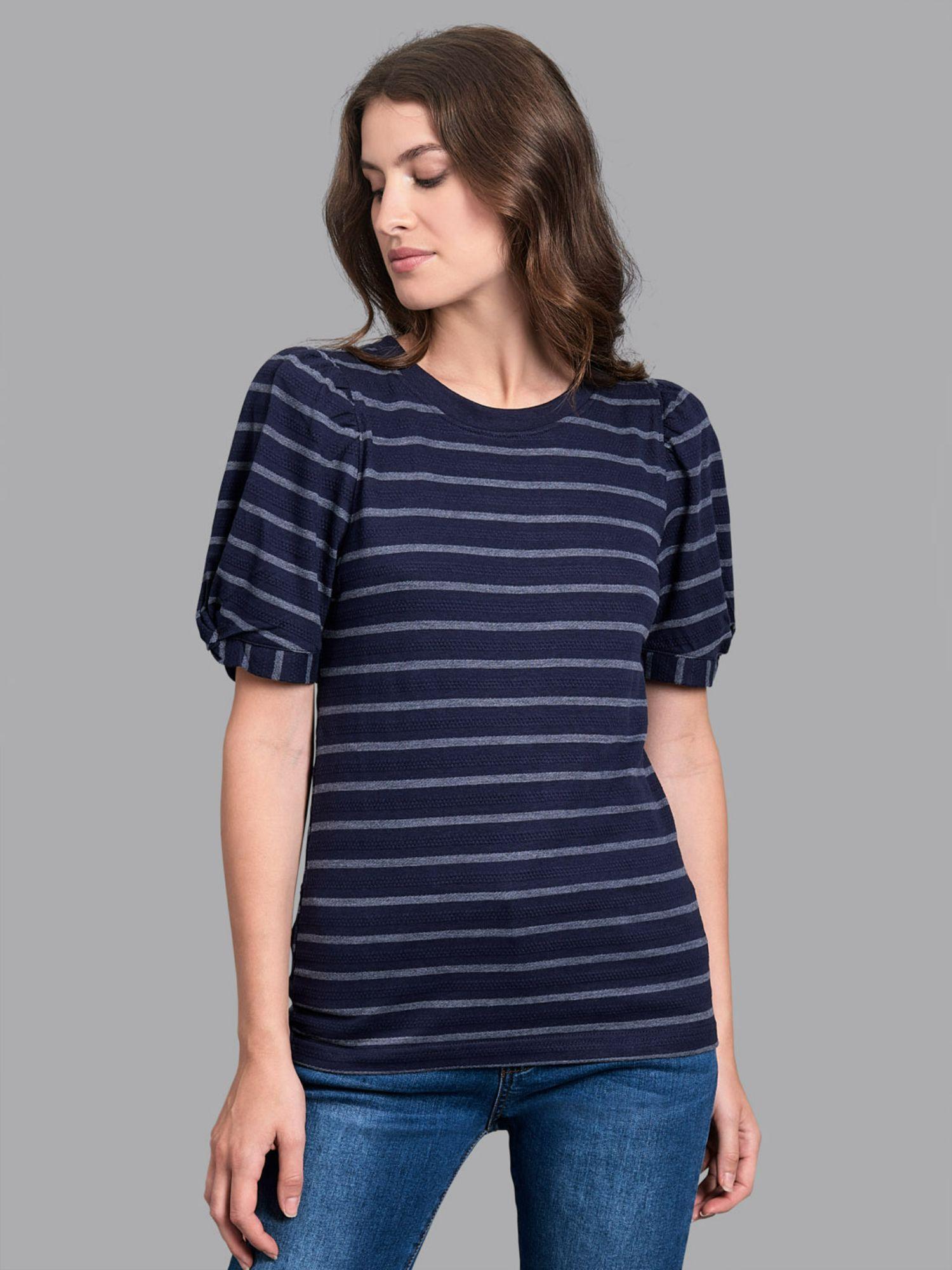 navy blue light as air textured puff sleeve tee