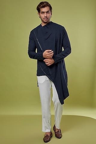 navy blue linen blend kurta