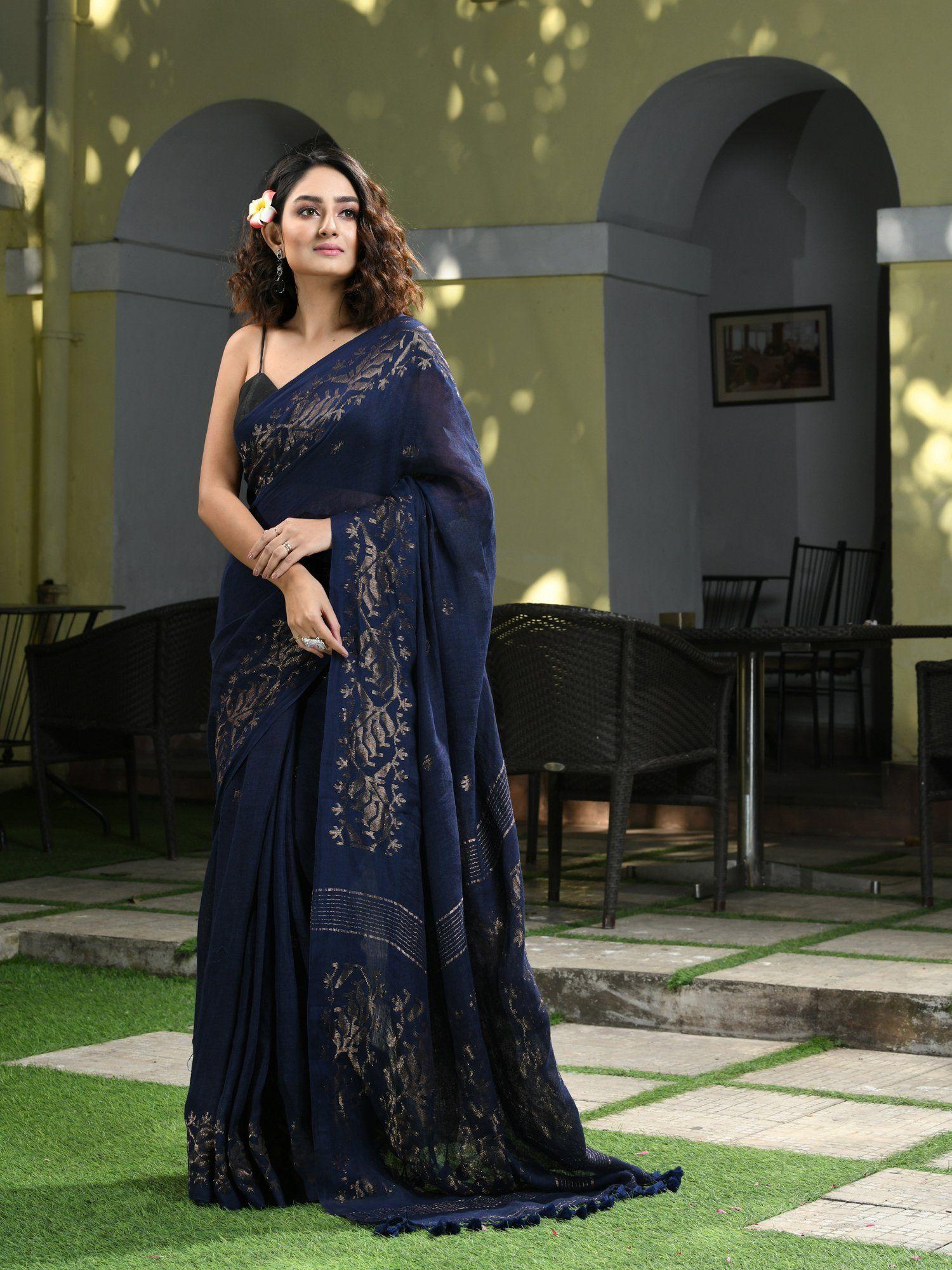 navy blue linen broder with pallu jacquard zari handwoven saree with unstitched blouse