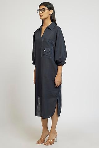 navy blue linen cotton oversized shirt dress