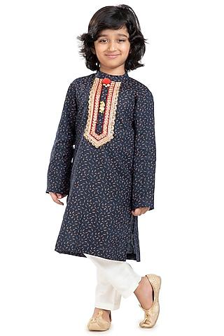navy blue linen embellished kurta set for boys