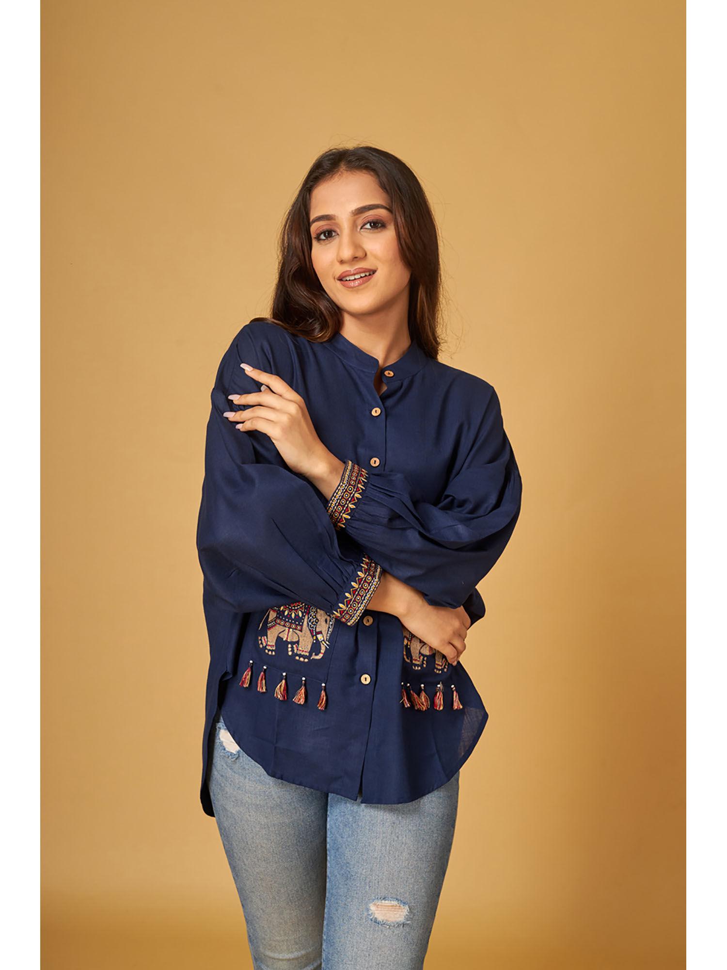 navy blue linen embroidered shirt