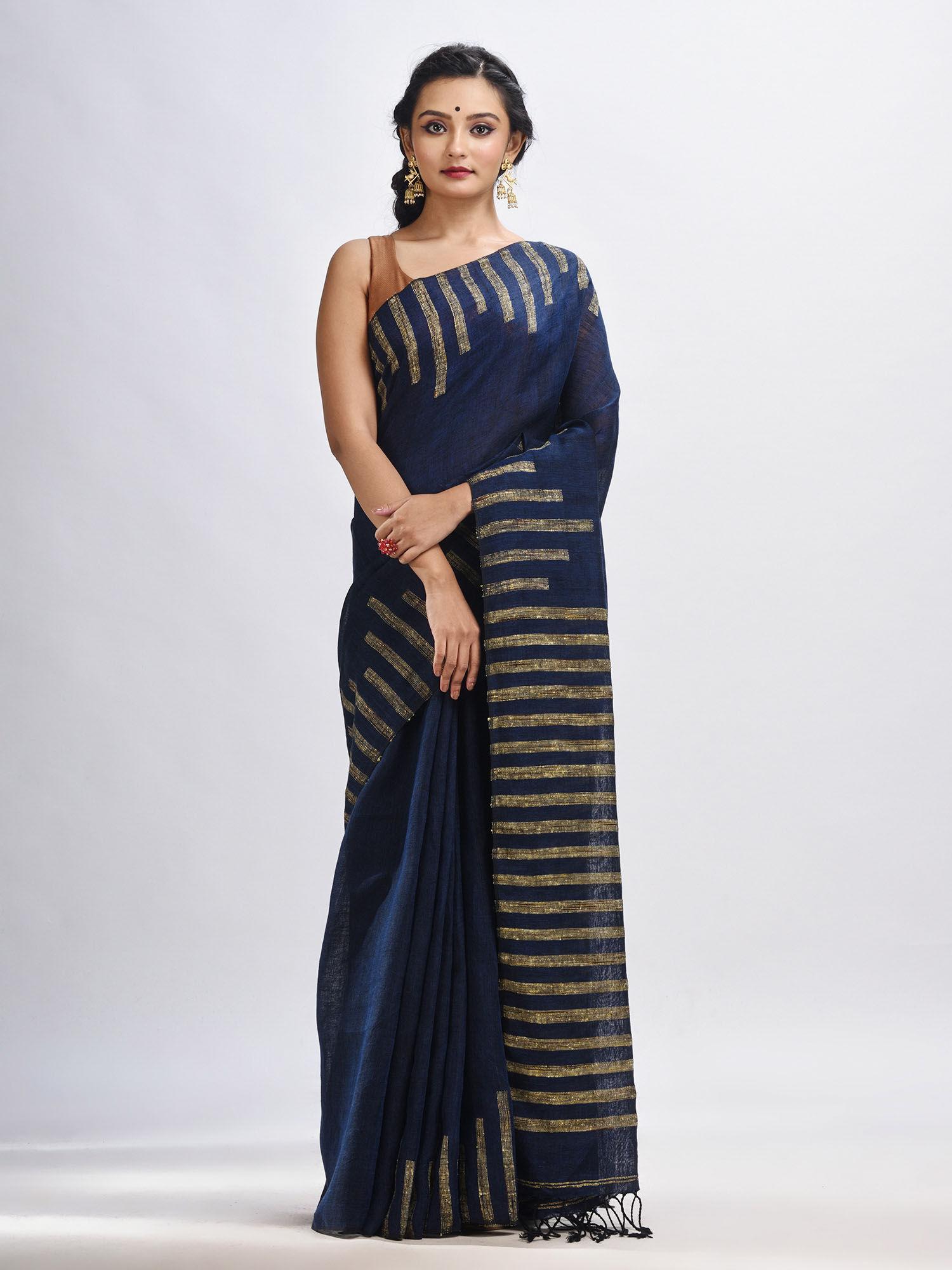 navy blue linen harmonium stripes design handloom saree with unstitched blouse