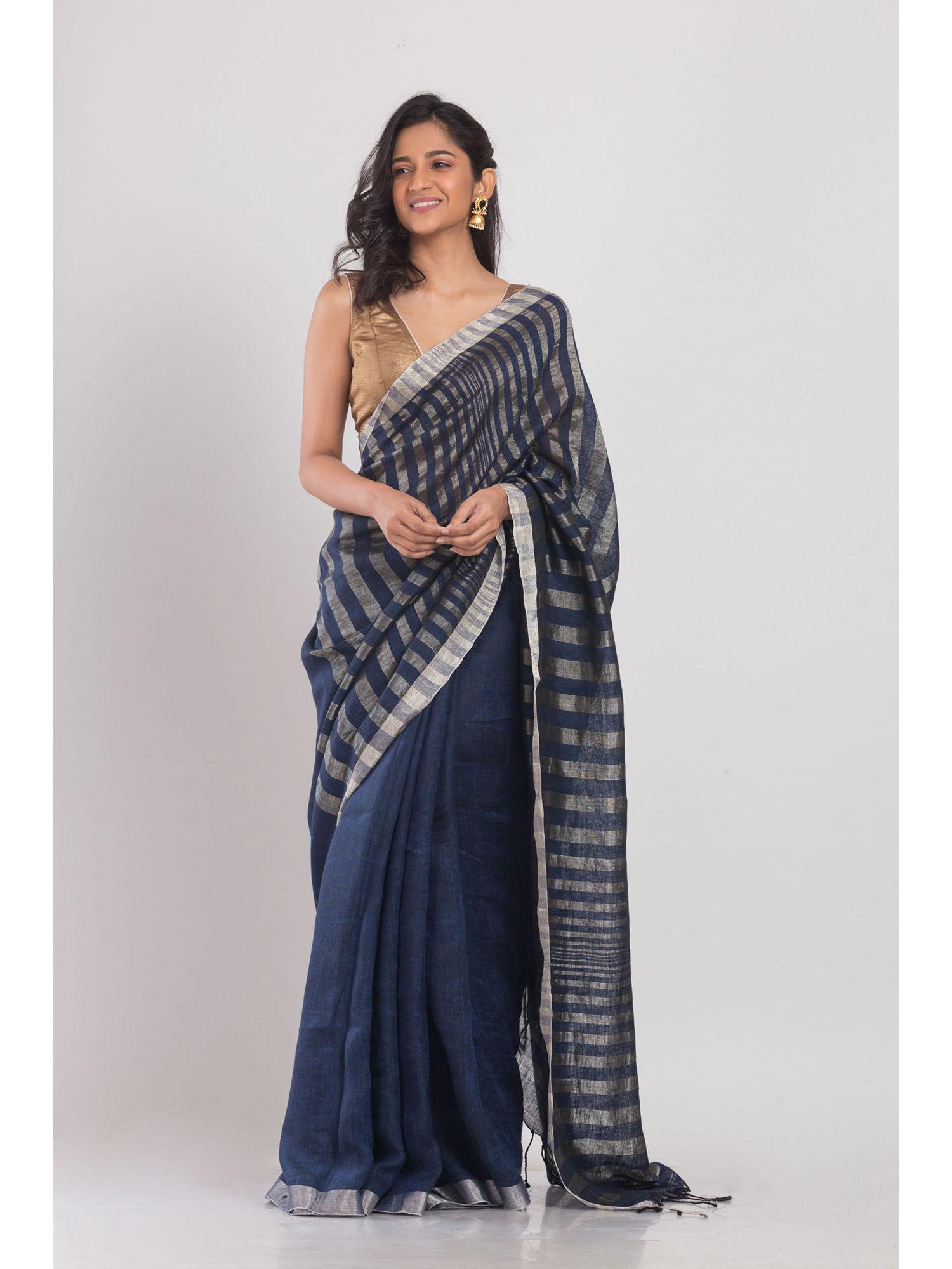 navy blue linen saree with silver zari pallu and border with unstitched blouse