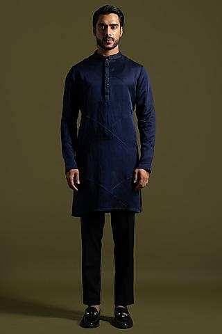 navy blue linen satin embroidered kurta set