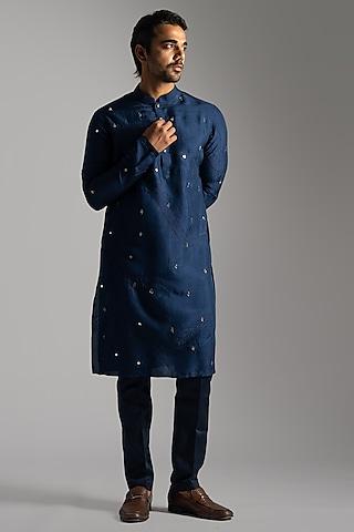 navy blue linen satin thread kurta set