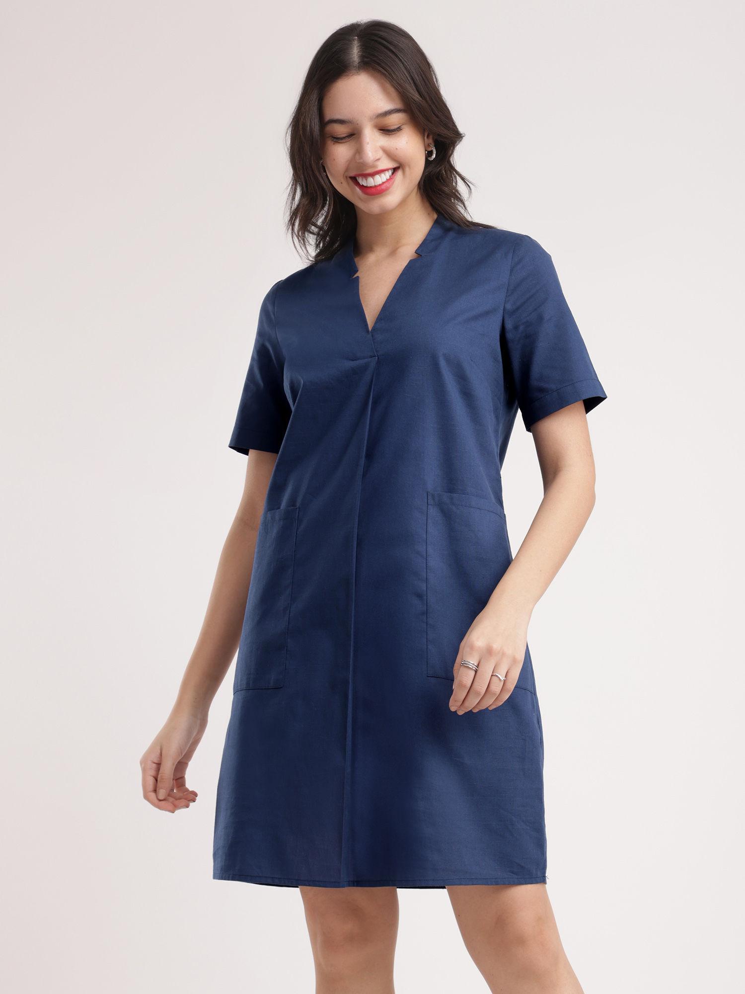 navy blue linen shift dress