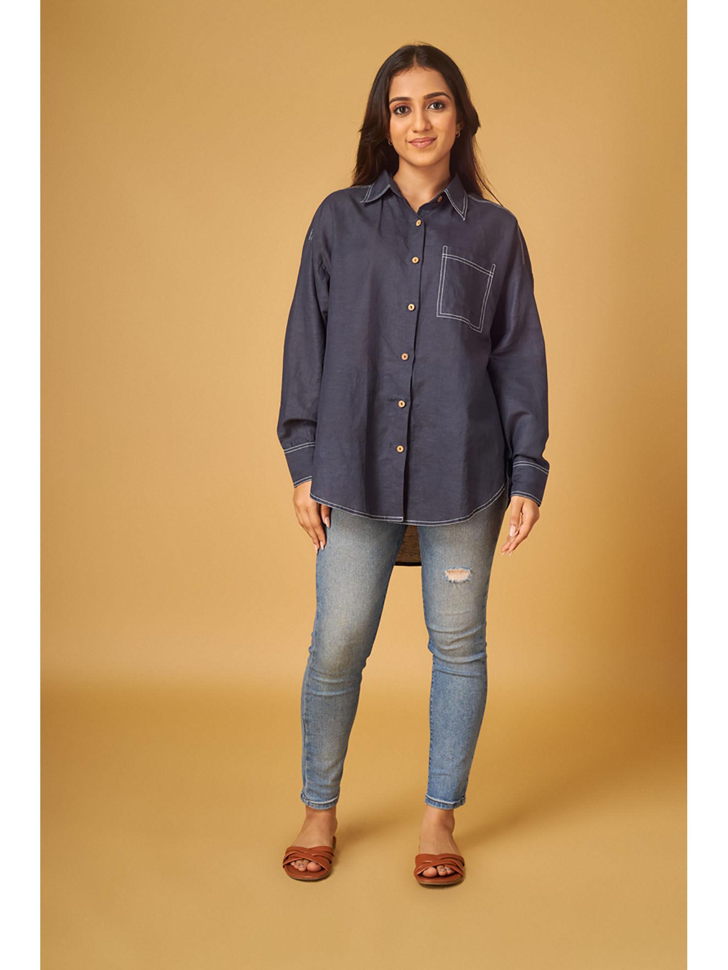 navy blue linen shirt with contrast stitch details