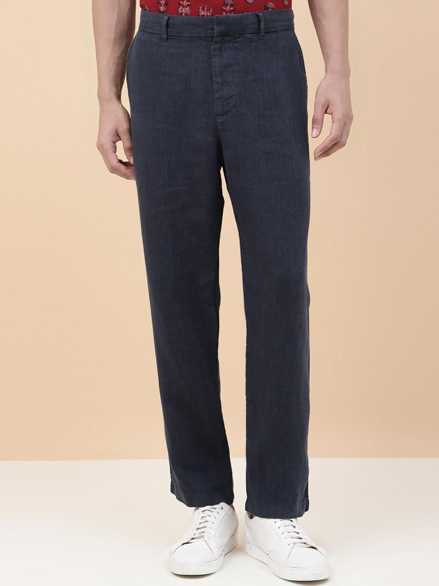 navy blue linen straight regular trousers