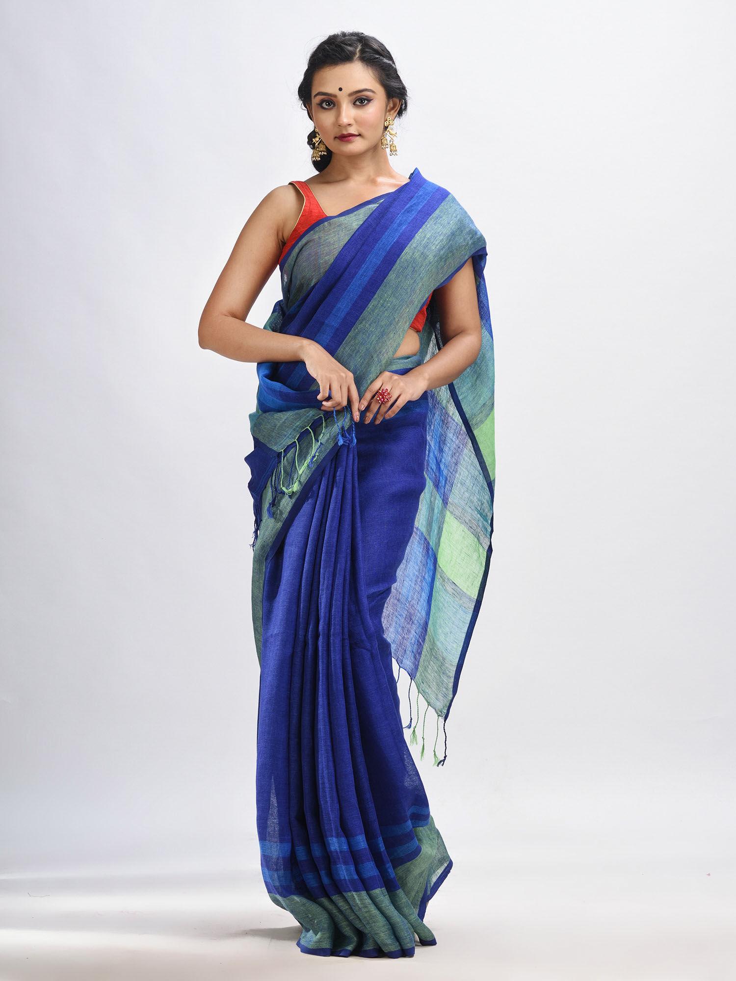 navy blue linen with pallu stripes handloom saree with unstitched blouse