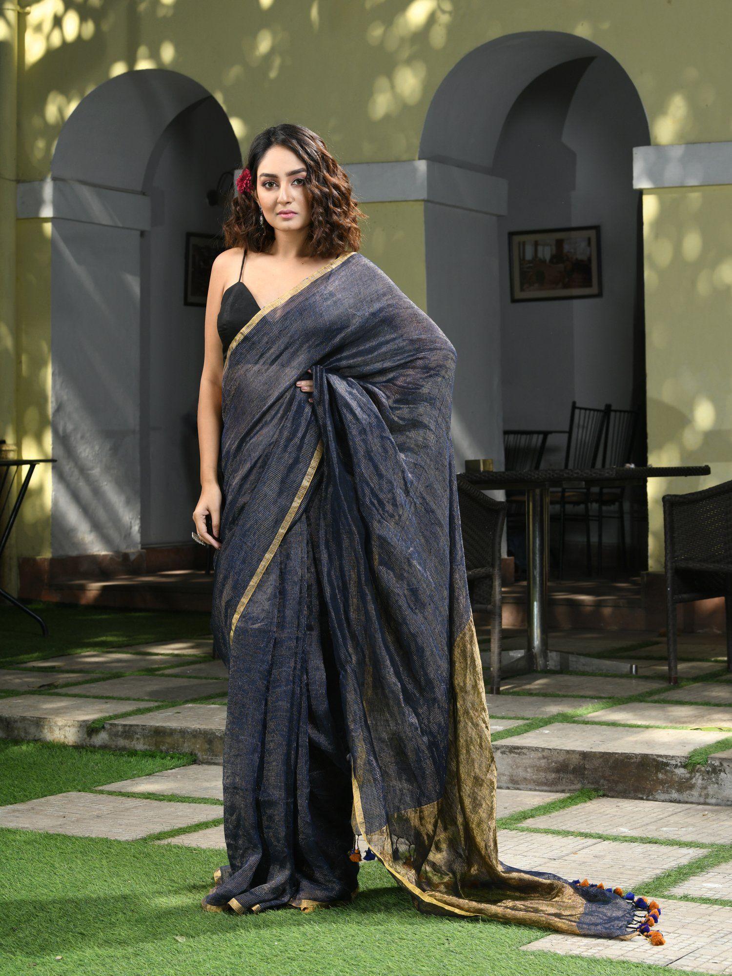 navy blue linen zari tissue check handwoven saree with unstitched blouse